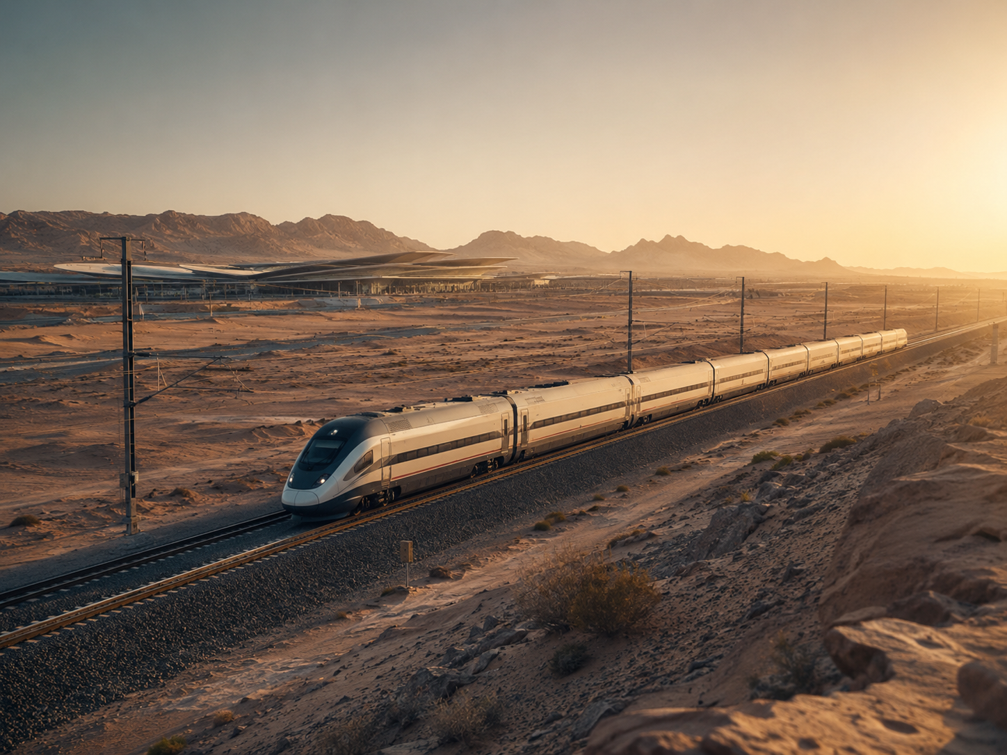 Modern railway line moving through a Middle Eastern desert landscape